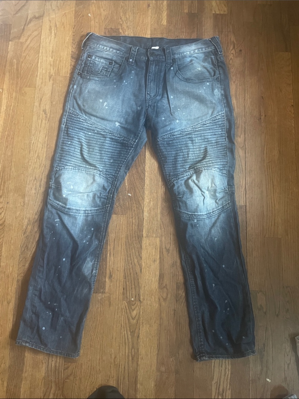 True Religion Men's Washed Blue Moto-Style Jeans